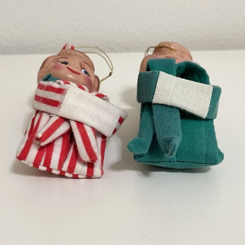 Vintage Knee Hugger Elf Pixie Doll Christmas Ornaments Rubber Face Lot of 2